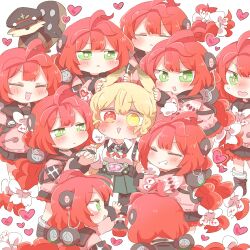  6+girls :3 :d @_@ alice_thymefield animal_ears blonde_hair blush braid braided_twintails cardigan chest_bow clone clone_harem closed_eyes commentary_request green_eyes hair_ornament hearing_aid heart heterochromia kamanosuke_(zenless_zone_zero) long_hair long_sleeves low_twin_braids multiple_girls open_mouth pink_cardigan rabbit_ears rabbit_girl raccoon rebecca_(keinelove) red_eyes red_hair simple_background smile sphere_hair_ornament tanuki twin_braids twintails ukinami_yuzuha white_background yellow_eyes zenless_zone_zero 