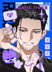  1boy black_hair black_jacket blue_background broken_heart brown_eyes confetti crema_525 facial_hair goatee golden_kamuy hair_slicked_back heart highres jacket male_focus multiple_scars ogata_hyakunosuke pill pixel_text profile scar short_hair smile solo speech_bubble spoken_heart thumbs_down watermark window_(computing) 
