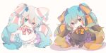 2girls aqua_eyes aqua_hair black_dress black_sleeves blush_stickers chibi commentary detached_sleeves dress dual_persona frilled_dress frills full_body fuyuzuki_gato gradient_hair hair_ornament hair_ribbon halloween halloween_costume hat hatsune_miku heterochromia long_hair looking_at_viewer multicolored_hair multiple_girls orange_eyes pink_eyes ribbon sleeveless sleeveless_dress sleeves_past_fingers sleeves_past_wrists smile standing striped striped_ribbon symmetry twintails very_long_hair violet_eyes vocaloid white_dress white_headwear white_sleeves witch_hat 