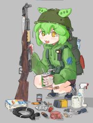  +_+ :3 alternate_costume backpack bag bandaid bandaid_on_knee bandaid_on_leg bottle brown_shorts can escape_from_tarkov explosive full_body green_hair green_hoodie green_jacket grey_background gun hand_on_own_knee helmet holding holding_gun holding_weapon hood hood_down hoodie jacket long_sleeves looking_at_viewer low_ponytail open_mouth ponytail pouch qoni321 rifle screwdriver shadow shoes shorts shoulder_strap simple_background sks smile solo spray_bottle squatting tiptoes toilet_paper v-shaped_eyebrows voiceroid voicevox weapon yellow_eyes zundamon 