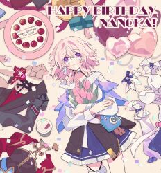  1girl balloon box cake choker collared_dress commentary detached_sleeves dress earrings english_commentary evernight_(honkai:_star_rail) flower food gift gift_box hair_between_eyes happy_birthday heart_balloon highres holding holding_flower honkai:_star_rail honkai_(series) jacket jewelry kanaria_(mint_tea1256) light_smile lying march_7th_(honkai:_star_rail) march_7th_(hunt)_(honkai:_star_rail) march_7th_(nascent_spring)_(honkai:_star_rail) march_7th_(preservation)_(honkai:_star_rail) medium_hair multicolored_eyes off_shoulder overskirt pink_hair shirt single_earring skirt teeth_print thigh_strap tulip two-tone_eyes unworn_dress 