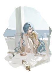  1girl 37_(reverse:1999) absurdres aqua_eyes aqua_hair armlet barefoot book commentary dangoose dress gold_armlet greco-roman_clothes hair_between_eyes highres jewelry long_hair looking_at_viewer pillar reverse:1999 scroll sitting solo toes very_long_hair white_dress 