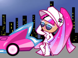 1girl alternate_costume car cookie_run cookie_run:_ovenbreak eyeliner female glitter glitter_in_hair glitter_makeup hand_behind_head hand_in_pocket hat jacket long_hair looking_up multicolored_hair official_alternate_costume pants pink_hair shining_glitter_cookie smile sunglasses supercar