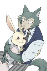  absurdres artist_name beastars brown_eyes closed_mouth couple dress hand_on_another's_arm hand_on_another's_chest haru_(beastars) head_tilt hetero highres hug hunnyamai leaning_back leaning_forward leaning_on_person legoshi looking_at_viewer looking_to_the_side mixed-language_commentary necktie pants parted_lips rabbit_girl short_sleeves simple_background vest white_background wolf_boy 