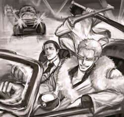  3boys arisue_kanako car cigar collared_shirt commentary_request crocodile_(one_piece) donquixote_doflamingo dracule_mihawk driving feather_boa greyscale hook_hand huge_weapon long_sleeves male_focus monochrome motor_vehicle multiple_boys necktie one_piece shirt short_hair smoking sword weapon 