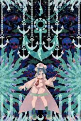  1girl absurdres anchor aqua_boots aqua_eyes aqua_theme blue_hair boku_(isizakitakasi) boots chain coat crescent_moon fingernails fish fish_skeleton hat highres hishaku long_fingernails long_sleeves looking_at_viewer moon murasa_minamitsu neckerchief open_mouth red_neckerchief sailor sailor_hat seigaiha shirt shorts skull smile sparkle too_many_arms touhou white_coat white_shirt white_shorts wide_shot wide_sleeves 