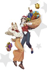  2girls alternate_costume animal_ears antlers arm_up bag blonde_hair box brown_bag brown_hair christmas clenched_teeth couple english_commentary fake_animal_ears fake_beard fake_facial_hair floating full_body gift hair_between_eyes happy hat headband highres holding holding_bag horns layered_clothes long_hair long_skirt long_sleeves looking_at_viewer looking_to_the_side multiple_girls open_mouth pants reindeer_antlers roozu_ru saijo_claudine santa_hat shade shoujo_kageki_revue_starlight skirt star_(symbol) stuffed_animal stuffed_toy teeth tendo_maya vest violet_eyes wavy_hair white_background yuri 