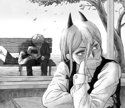  black_coat black_dress blush chainsaw_man closed_mouth coat commentary_request couple covering_own_mouth cross_in_eye demon_girl demon_horns denji_(chainsaw_man) dress elbow_rest falling_leaves feet_out_of_frame greyscale hair_between_eyes hand_on_another's_face hand_over_own_mouth horns indoors jealous kkyong155426 lap_pillow leaf long_hair long_sleeves looking_to_the_side lying monochrome nose_blush on_back power_(chainsaw_man) reze_(chainsaw_man) shirt short_hair sitting tree turning_head upper_body white_background white_hair white_shirt window 