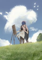  1boy 1girl apron arms_behind_back bird black_pants black_vest blue_hair blue_sky box brown_pants brown_shoes canvas_(object) clouds cloudy_sky collared_shirt commentary from_behind grass highres holding holding_brush holding_paint_palette long_hair nature original outdoors own_hands_together paint_palette painting_(action) pants pink_hair pink_shirt shirt shoes short_hair sky sleeves_rolled_up standing too_many too_many_birds tree unholymilk untranslatable_commentary vest white_apron white_shirt 