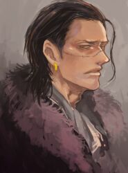  1boy adam's_apple arisue_kanako ascot black_hair commentary_request crocodile_(one_piece) earrings grey_background jewelry looking_at_viewer male_focus one_piece parted_lips portrait short_hair sideburns stitched_face stitches upper_body white_ascot 