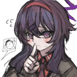  1boy 1girl blue_archive blush bright_pupils collared_shirt commentary_request doodle_sensei_(blue_archive) finger_to_mouth flying_sweatdrops hair_between_eyes hair_ornament hairband halo haruka_(blue_archive) index_finger_raised jacket looking_at_viewer medium_hair necktie outline purple_hair purple_halo raised_inner_eyebrows red_hairband riseki sensei_(blue_archive) shirt shushing simple_background sweat thick_outlines violet_eyes white_background 