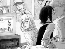  1boy 2girls black_choker chainsaw_man choker closed_eyes commentary controller cross-shaped_pupils crosshatching denji_(chainsaw_man) game_controller grenade_pin greyscale hatching_(texture) hayakawa_aki highres holding holding_controller holding_game_controller horns kiss kkyong155426 long_hair monochrome multiple_girls pochita_(chainsaw_man) power_(chainsaw_man) reze_(chainsaw_man) sharp_teeth short_hair symbol-shaped_pupils teeth 