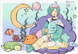  1boy :d ahoge air_bubble aqua_cardigan aqua_hair aqua_shirt blue_background blue_shirt blush border bubble cardigan caustics clam_shell closed_eyes commentary crescent ensemble_stars! facing_viewer gradient_background green_background highres holding holding_stuffed_toy leg_warmers male_focus noiikun official_alternate_costume outside_border pants pillow shinkai_kanata shirt short_hair signature single_off_shoulder sleep_mask smile solo sparkle star-shaped_pillow star_(symbol) stuffed_animal stuffed_clownfish stuffed_fish stuffed_manatee stuffed_toy stuffed_turtle teeth untranslatable_commentary upper_teeth_only white_border white_pants yellow_leg_warmers 
