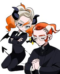  1boy 1girl absurdres black_jacket black_necktie black_pants clerical_collar closed_eyes closed_mouth collared_shirt commentary_request cross demon_girl demon_tail demon_wings ebi_(shrimp_eleven) eyelashes glasses green_eyes griselle_(pokemon) grisham_(pokemon) highres horns interlocked_fingers jacket jewelry kneeling necklace necktie own_hands_together pants pokemon pokemon_legends:_z-a ponytail praying priest shirt tail transparent_background white-framed_eyewear white_shirt wings 