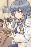  1girl blue_eyes blue_hair chopsticks commentary_request cowboy_shot eating gotland_(kantai_collection) hair_bun jacket kantai_collection long_hair looking_at_viewer mole mole_under_eye nakadori_(movgnsk) official_alternate_costume racequeen solo table white_jacket 