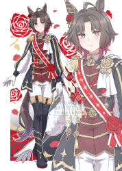  absurdres ahoge animal_ears black_boots blush boots brooch brown_hair closed_mouth commentary_request ear_flower ear_ornament epaulettes flower flower_brooch four-pointed_star gloves gradient_hair highres horse_ears horse_girl jacket jewelry long_sleeves looking_at_viewer multicolored_hair pants print_sash red_hair red_sash ribehachi rose_kingdom_(umamusume) sash short_hair single_epaulette thigh_boots two-tone_hair umamusume vertical-striped_sleeves white_gloves white_pants zoom_layer 