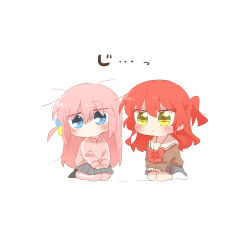  2girls blue_eyes blush bocchi_the_rock! brown_shirt chibi chibi_only commentary_request full_body gotoh_hitori grey_skirt jacket kita_ikuyo long_hair long_sleeves multiple_girls pink_hair pink_jacket pleated_skirt rebecca_(keinelove) red_hair school_uniform seiza shirt simple_background sitting skirt socks sweat white_background white_socks yellow_eyes 