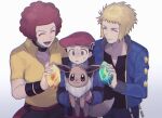  3boys afro black_hair black_shirt black_wristband blonde_hair blue_jacket closed_eyes closed_mouth collared_shirt commentary_request eevee fire_stone flint_(pokemon) gen_1_pokemon grey_eyes hat holding holding_pokemon jacket long_sleeves lucas_(pokemon) male_focus multiple_boys open_mouth oshi_taberu pants pokemon pokemon_(creature) pokemon_(game) pokemon_dppt pokemon_platinum red_headwear redhead scarf shirt short_sleeves sweat teeth thunder_stone tongue volkner_(pokemon) white_scarf wristband yellow_shirt 