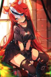  1girl alternate_costume alternate_hair_length_(longer) animal_ears black_shirt black_skirt black_streaks black_thighhighs blue_eyes closed_mouth hakos_baelz highres hololive hololive_english long_hair looking_at_viewer mouse_ears mouse_girl multicolored_hair red_hair shirt skirt smile solo streaked_hair the0neulost thigh-highs torn_clothes torn_thighhighs very_long_hair virtual_youtuber white_streaks 