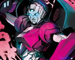  1girl andern3ll arcee arcee_(idw) blue_eyes commentary glowing glowing_eyes helmet highres humanoid_robot joints metal_skin robot robot_girl robot_joints solo the_transformers_(idw) transformers untranslatable_commentary upper_body white_helmet 