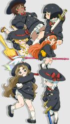  6+girls absurdres animal_bag black_hair black_hat black_jacket black_skirt bloomers blue_eyes bob_cut broom broom_riding commentary don_quixote_(project_moon) english_commentary faust_(project_moon) hat highres holding holding_sword holding_weapon ishmael_(project_moon) jacket katana lance limbus_company long_hair multiple_girls negi_0002 on_weapon orange_hair outis_(project_moon) parted_bangs pleated_skirt polearm project_moon red_eyes rodion_(project_moon) ryoshu_(project_moon) short_hair simple_background skirt sword toy_sword very_long_hair weapon white_background white_bloomers white_hair 