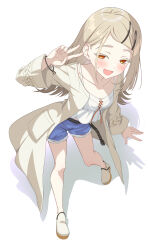  1girl bare_legs blonde_hair blush camisole colored_eyelashes denim denim_shorts earrings fingernails flipped_hair full_body gakuen_idolmaster highres idolmaster jewelry long_hair looking_at_viewer nanoyo orange_eyes robe rope_belt shinosawa_hiro shoes short_shorts shorts simple_background smile solo stud_earrings sweatdrop v white_background white_camisole white_robe white_shoes 