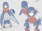  1girl animal_ears arrow_(symbol) bird_ears bird_legs bird_tail bird_wings blue_feathers blue_hair blue_wings choker digitigrade dress eyebrows_visible_through_hair feathered_wings feathers grey_dress grey_eyes harpy head_feathers head_wings miura_(rnd.jpg) monster_girl multiple_views open_mouth original rnd.jpg shrug_(clothing) talons twitter_username winged_arms wings 