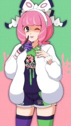  1girl bow bracelet commentary_request drill_hair drill_sidelocks dynamax_band eyeshadow flipped_hair fur_jacket hair_bow hairband jacket jewelry klara_(pokemon) koroni_(nkrgs) makeup mole mole_under_mouth multicolored_thighhighs one_eye_closed pink_eyeshadow pink_hair pink_lips pokemon pokemon_swsh print_shirt print_shorts ring shirt short_hair shorts side_slit side_slit_shorts sidelocks smile solo two-tone_shirt two-tone_shorts two-tone_thighhighs violet_eyes white_bow white_hairband 