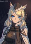  1girl animal_ears arknights black_background black_headwear blonde_hair blue_eyes commentary_request eyebrows_visible_through_hair hand_up hat highres long_hair long_sleeves looking_at_viewer nairobi_song simple_background solo thick_eyebrows turtleneck upper_body whislash_(arknights) 