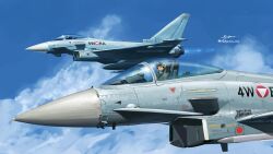  absurdres aircraft airplane blonde_hair clouds cloudy_sky cockpit commentary_request eurofighter_typhoon external_fuel_tank fighter_jet flight_suit flying helmet highres kudryavka_trop military military_vehicle missile original pilot pilot_helmet signature sky twitter_username vehicle_focus 
