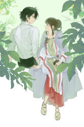  1boy 1girl black_hair black_pants blue_eyes book braid braided_hair_rings brown_hair brown_sandals bun_with_braided_base cloak closed_mouth collared_shirt commentary_request constantine_xi_(fate) earrings eye_contact fate/grand_order fate_(series) full_body gjtthflmaster grey_eyes hair_between_eyes hair_bun hair_rings hetero highres holding holding_book hood hooded_cloak jewelry johanna_(fate) johanna_(first_ascension)_(fate) korean_commentary leaf long_sleeves looking_at_another pants plant profile purple_cloak red_skirt robe sandals sash shirt short_hair single_hair_bun sitting skirt sleeves_past_wrists sleeves_rolled_up smile sweater_guard waist_sash white_robe white_sash white_shirt 