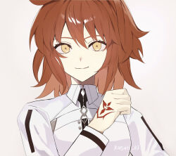  1girl absurdres artist_name breasts collared_jacket command_spell commentary_request fate/grand_order fate_(series) fujimaru_ritsuka_(female) fujimaru_ritsuka_(female)_(decisive_battle_chaldea_uniform) grey_background highres jacket kusuri_03 long_sleeves looking_at_viewer medium_breasts medium_hair orange_hair simple_background smile solo upper_body white_jacket yellow_eyes 