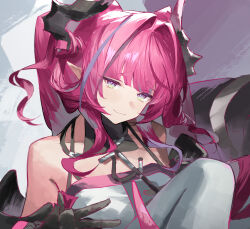 1girl ahchuh arknights arknights:_endfield bare_shoulders black_horns blue_eyes breasts closed_mouth diamond_in_eye dragon_girl dragon_horns dragon_tail gloves hair_intakes hair_on_horn highres horns long_hair looking_at_viewer multicolored_hair multicolored_horns pants pink_hair pink_horns pink_sleeves pink_tube_top pointy_ears smile solo strapless streaked_hair tail tube_top two-tone_horns white_pants yvonne_(arknights) 