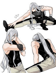  1boy arm_up bare_shoulders black_gloves black_shoes black_tank_top commentary_request gloves hair_between_eyes hair_over_one_eye hand_on_own_thigh highres katekyo_hitman_reborn korean_commentary long_hair male_focus mra_bong multiple_views one_eye_covered outstretched_leg parted_hair ponytail shoes simple_background single_glove split stretching superbi_squalo tank_top very_long_hair white_background 
