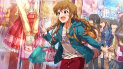  6+girls :d against_glass aqua_jacket bag blue_eyes blush braid brown_hair card_commentary commentary_request day faceless faceless_female game_cg glass hand_on_glass hood hood_down hooded_jacket idolmaster idolmaster_million_live! idolmaster_million_live!_theater_days jacket kousaka_umi long_hair long_sleeves mannequin multiple_girls official_art open_mouth outdoors shopping_bag shopping_district smile solo_focus standing third-party_source twin_braids 