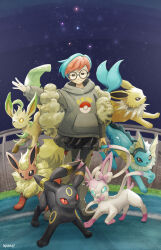  1girl absurdres aqua_hair black-framed_eyewear closed_mouth commentary_request flareon glasses grass grey_hoodie grey_pantyhose highres hood hood_down hoodie igaragi jolteon leafeon multicolored_hair night outdoors outstretched_arm pantyhose penny_(pokemon) poke_ball_print pokemon pokemon_(creature) pokemon_sv pokemon_team red_hair round_eyewear short_hair signature skirt sky smile standing star_(sky) starry_sky sylveon two-tone_hair umbreon v-shaped_eyebrows vaporeon very_short_hair 