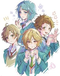  ! !! 4boys :d asymmetrical_hair blazer blonde_hair blue_hair blue_jacket blush brown_eyes brown_hair brown_vest clenched_hands closed_mouth commentary_request cropped_torso drink_carton ensemble_stars! flower flower_symbol frown green_necktie hair_between_eyes hair_flaps hair_flower hair_ornament hands_up happy_aura holding holding_drink_carton jacket layered_sleeves long_sleeves looking_at_viewer male_focus mashiro_tomoya multiple_boys necktie nito_nazuna notice_lines open_mouth own_hands_together potepote_1st rabbits_(ensemble_stars!) red_necktie school_uniform shino_hajime shirt short_hair simple_background small_sweatdrop smile squiggle star_(symbol) surprised teeth tenma_mitsuru upper_body upper_teeth_only very_short_hair vest violet_eyes white_background white_shirt yumenosaki_school_uniform 