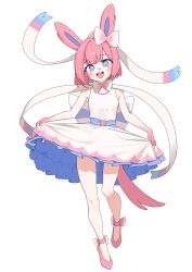  1girl :d absurdres animal_ears blue_eyes bright_pupils commentary_request dress full_body happy highres kachi_5057 knees looking_at_viewer open_mouth personification pink_hair pink_shoes pokemon shoes short_hair sleeveless sleeveless_dress smile solo sylveon tail teeth upper_teeth_only white_dress white_pupils 