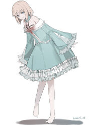  1girl absurdres barefoot blonde_hair blue_dress blue_eyes breasts chest_tattoo command_spell commentary_request dress fate/prototype fate/prototype:_fragments_of_blue_and_silver fate_(series) frilled_dress frilled_sleeves frills full_body highres kusuri_03 leaning_forward long_sleeves looking_at_viewer looking_to_the_side sajou_manaka short_hair simple_background small_breasts smile solo standing strapless strapless_dress tattoo white_background wide_sleeves 