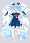  1girl adapted_costume barefoot bat blue_bow blue_eyes blue_hair blue_shirt blue_skirt bow cape cirno detached_wings fang full_body grey_background hair_bow hands_up highres holding holding_cape ice ice_wings jack-o&#039;-lantern looking_at_viewer neck_ribbon nikorashi-ka open_mouth pointy_ears red_neckwear ribbon shirt short_hair short_sleeves simple_background skirt solo touhou wings 