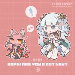  ! 2girls april_fools artist_logo black_jacket bow changli_(wuthering_waves) coat colored_eyelashes commentary_request dog-san dress earrings english_text furrification furry furry_female grey_eyes hair_bow hair_ornament hand_up highres jacket jewelry jinhsi_(wuthering_waves) logo long_hair looking_at_another multiple_girls multiple_hair_bows musical_note open_mouth orange_eyes own_hands_clasped own_hands_together red_background smile spoken_exclamation_mark spoken_musical_note white_coat white_dress white_eyelashes white_hair wuthering_waves 