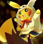  bow brown_eyes commentary_request cosplay gen_1_pokemon gen_7_pokemon halloween hands_up hood hood_up jaibus mimikyu mimikyu_(cosplay) no_humans open_mouth orange_bow paws pikachu pokemon pokemon_(creature) solo tongue 