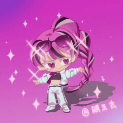 1girl braid braided_ponytail chibi cookie_run cookie_run:_ovenbreak crop_top eyelashes female glitter jacket long_hair multicolored_hair open_jacket pants pink_hair shining_glitter_cookie shining_glitter_cookie_(superstar_airport_attire) shoes smile sunglasses_on_head third-party_source white_pants