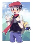  1boy :d backpack bag black_hair blush character_doll clouds commentary_request day flying_sweatdrops foliage grey_eyes hands_up hat highres holding_strap looking_at_viewer lucas_(pokemon) male_focus open_mouth oshi_taberu outdoors pants pokemon pokemon_(game) pokemon_dppt purple_pants red_headwear red_scarf scarf short_sleeves sky smile sweat tongue volkner_(pokemon) yellow_backpack 