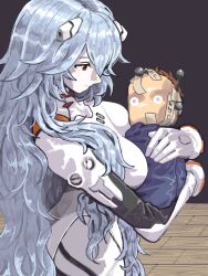  absurdres ayanami_rei black_background blue_hair bodysuit breasts cradling doll evangelion:_3.0+1.0_thrice_upon_a_time gus_uur highres holding holding_doll interface_headset_(evangelion) long_hair mecha_pilot_suit medium_breasts neon_genesis_evangelion official_alternate_hairstyle pale_skin plugsuit_(evangelion) rebuild_of_evangelion red_eyes solo standing very_long_hair white_bodysuit wooden_floor 
