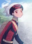  1boy :o bag beanie black_hair brendan_(pokemon) clouds commentary_request day foliage hat highres long_sleeves looking_at_viewer male_focus oshi_taberu outdoors pokemon pokemon_(game) pokemon_rse red_eyes short_hair sky solo upper_body white_headwear yellow_bag 