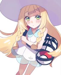  1girl bag blonde_hair blunt_bangs blush braid closed_mouth commentary_request dress duffel_bag green_eyes hat highres lillie_(pokemon) long_hair looking_at_viewer pokemon pokemon_sm s_s430 simple_background sleeveless sleeveless_dress solo sun_hat sundress twin_braids white_background white_dress white_hat 
