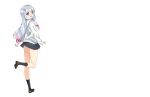  1girl :d blue_eyes bow eromanga_sensei hair_bow izumi_sagiri kneehighs long_hair looking_back miniskirt ootomo_takuji open_mouth sailor_collar school_uniform silver_hair skirt smile sweater wallpaper white_background 