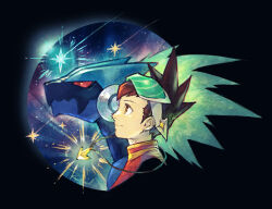  2boys black_background brown_eyes brown_hair closed_mouth commentary_request eyewear_on_head from_side geo_stelar_(mega_man) hashibi_rokou jewelry looking_up male_focus mega_man_(series) mega_man_star_force_(series) multiple_boys necklace omega-xis_(mega_man) red_shirt shirt shooting_star sky smile spiky_hair star_(sky) starry_sky upper_body 