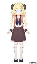  1girl aged_down ahoge animal_ears backpack bag black_shoes blonde_hair blue_bow bow braid brown_skirt buttons chest_bow commentary_request copyright_notice double-breasted full_body grey_socks hair_bow hair_ornament hairclip hololive horns kneehighs loafers long_hair long_sleeves low_twin_braids official_alternate_costume official_alternate_hairstyle official_art pink_bow pleated_skirt randoseru ribbed_socks sheep_ears sheep_girl sheep_horns shirt shoes simple_background skirt socks solo tsunomaki_watame twin_braids uekura_eku violet_eyes virtual_youtuber white_background white_shirt 